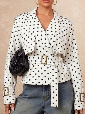 Apricot Casual Women's Polka Dot V Neck Regular Sleeve Short Trench Coat Jacket